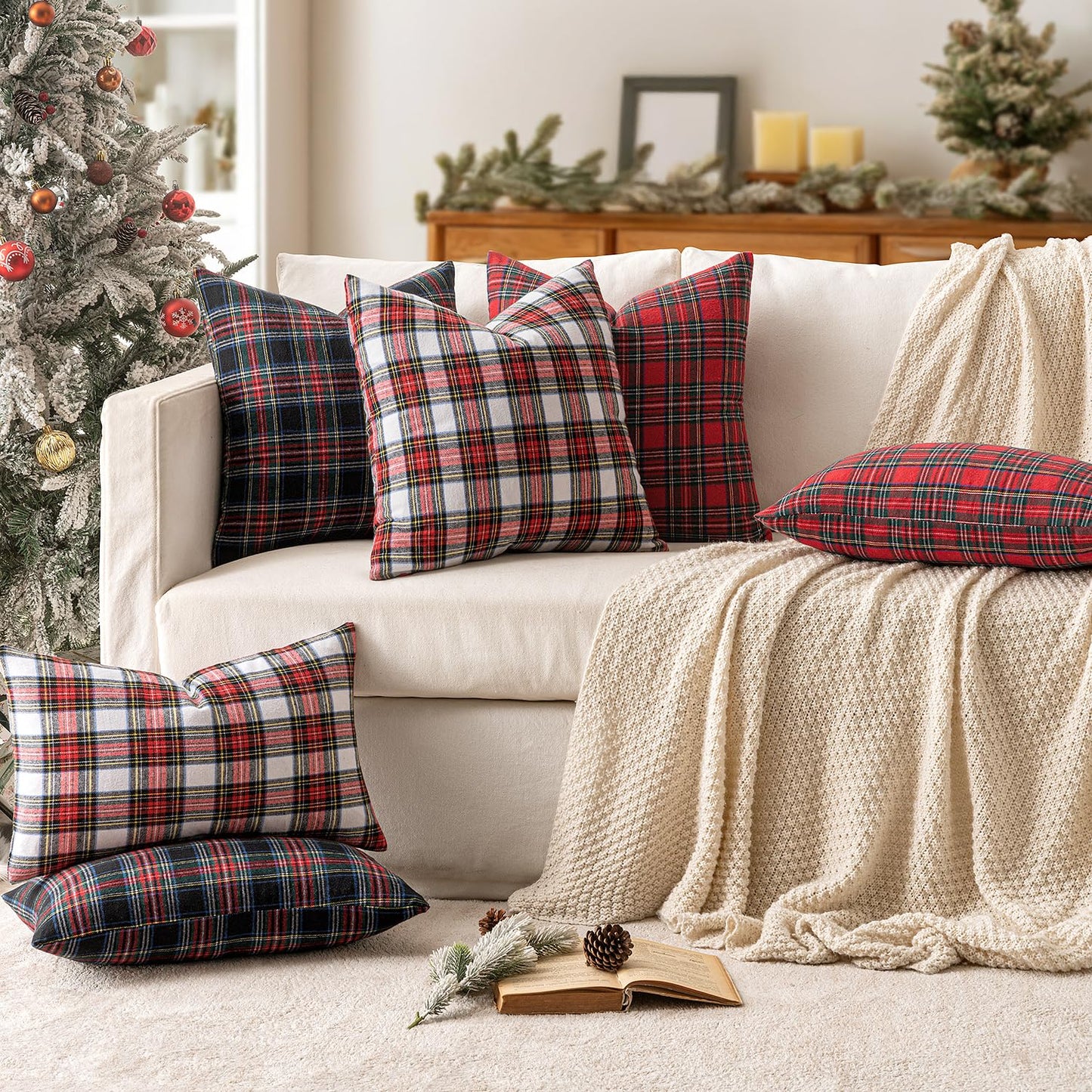 MIULEE Christmas Set of 2 Scottish Tartan Plaid Throw Pillow Covers Farmhouse Classic Decorative Outdoor Square Cushion Cases for Home Decor Sofa Couch 18x18 Inch, Red
