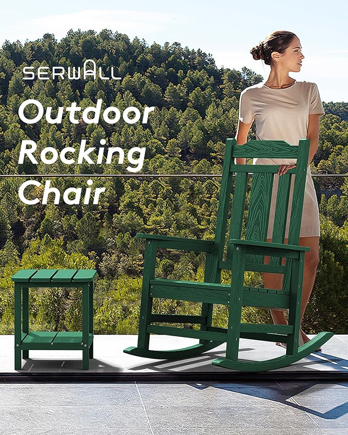 SERWALL Outdoor Rocking Chair Set of 4, Patio Rocking Chairs Set, HDPE Rocking Chair Outdoor for Adults, Heavy Duty Front Porch Rocker, Green