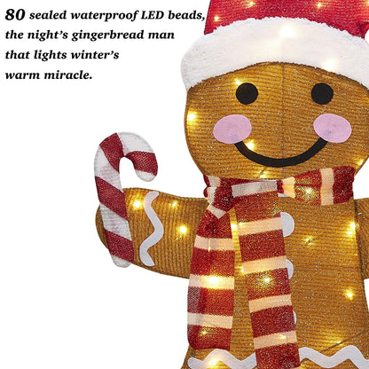 32 Inch 3D Lighted Gingerbread Man Decorations - 2-Piece Outdoor Christmas Decorations with 80 Warm White LEDs, Christmas Yard Decorations Display for Garden, Storefront, Patio