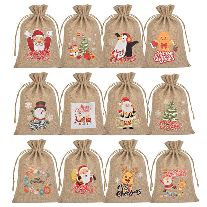 Christmas Small Burlap Bags with Drawstring, Burlap Gift Bags Christmas Linen Treat Sacks Gift Wrapping Bags Xmas Holiday Party Favors Bags(7x5 inch, 24 Pcs)