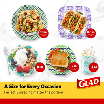 Glad Round Disposable Paper Plates, Palm Leaves Pattern - Strong, Sturdy, Soak Proof, and Microwavable Decorative Plates for Dinner and Everyday Use, 8.5 Inch, 50 Count - 12 Pack