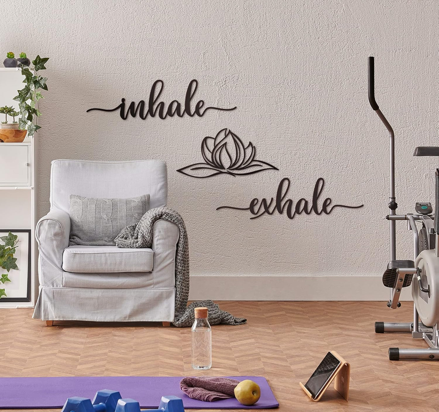 Home Inhale Exhale Wall Art Lotus Flower Metal Zen Large Wall Decor 18"X18" Black Modern Spiritual Yoga Lotus Steel Wall Sign Meditation Bathroom Living Room Shelf Plaque Wall Hanging Decoration Spiritual Inspirational Wall Pediment for Gym Massage Fitnes