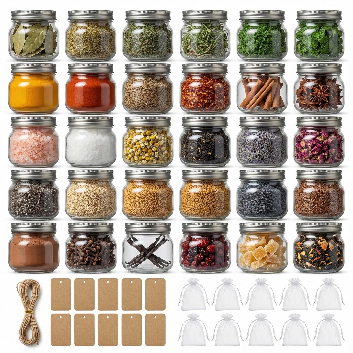 8 oz Mason Jars with Airtight Silver Lids - 30 Pack Small Glass Jars Set with Labels, Twine & Mesh Bags - Wide Mouth Canning Jars for Party Favors, Baby Shower, Wedding & Bulk Crafts