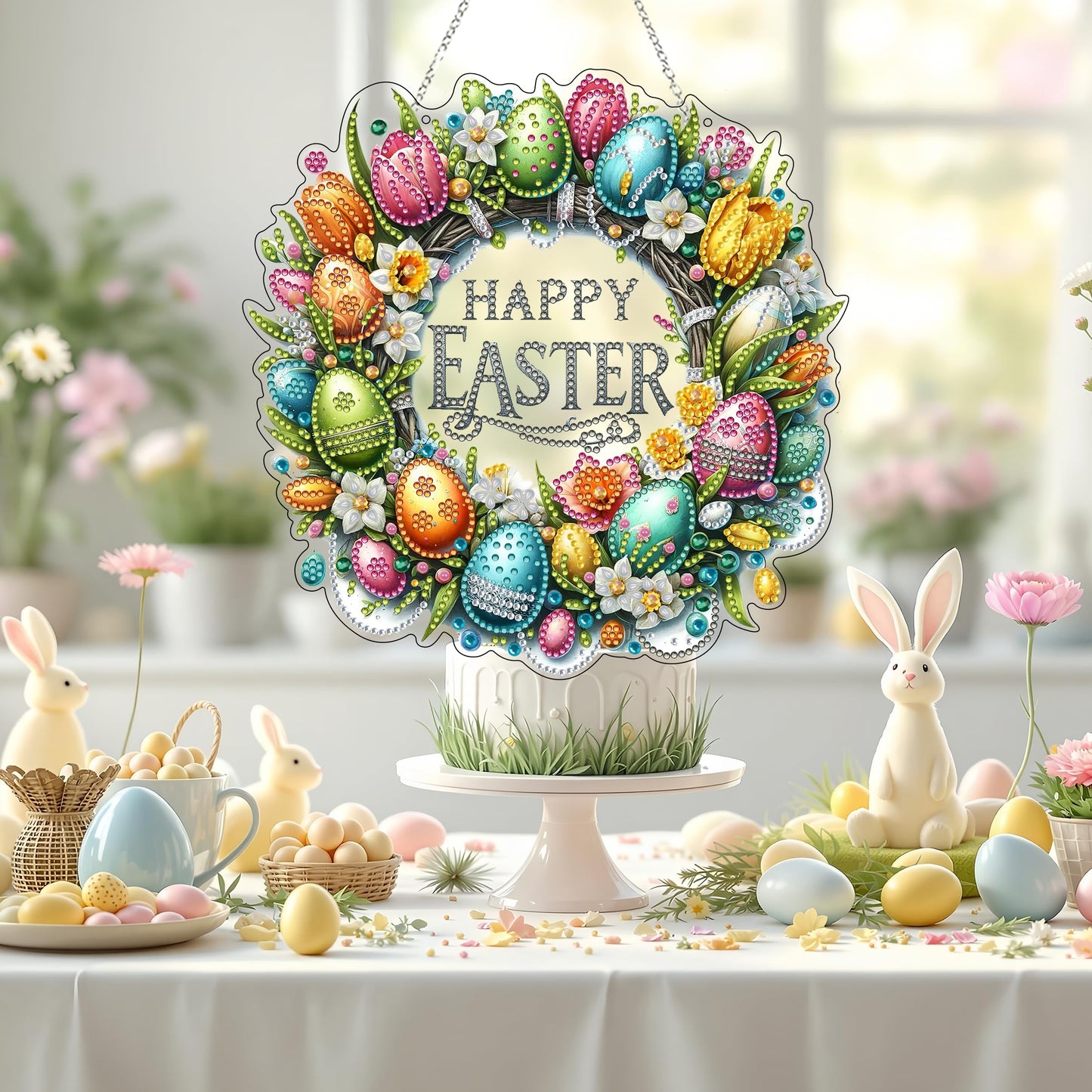 DIY Acrylic Diamond Art Painting Wreath Kits Special Shaped Rhinestone 5D Diamond Art Window Pendants Home Garden Wall Hanging Kits Hanging Ornament (Easter Wreath)