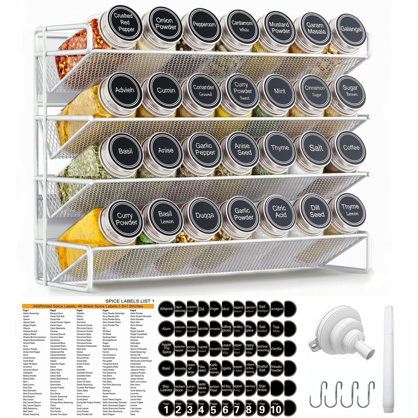 UVIAHOMI Magnetic Spice Rack Organizer for Refrigerator with 28 Spice Jars, 386 Spice Labels, 4 Hook, Chalk Marker and Funnel Set, Magnetic Shelf for Seasoning Organizer, 13.2'' W x 9.8 H, White