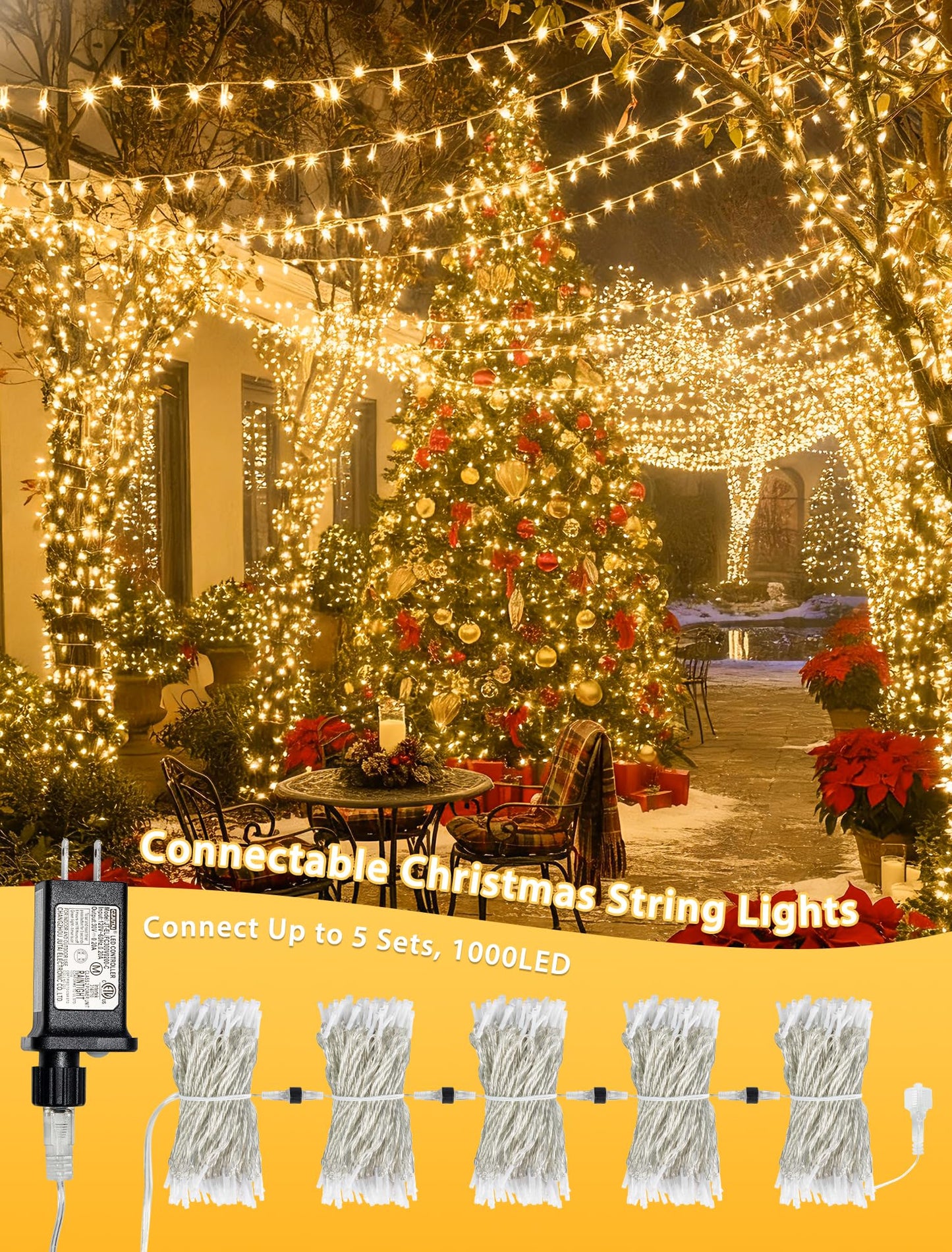 YOUNGAR 98FT String Lights Outdoor, 8 Modes Fairy Twinkle Christmas 200 LED Lights, 30V Plug-in for Tree, Home, Garden, Wedding, Party, Holiday Indoor Decoration, Warm White, Connectable