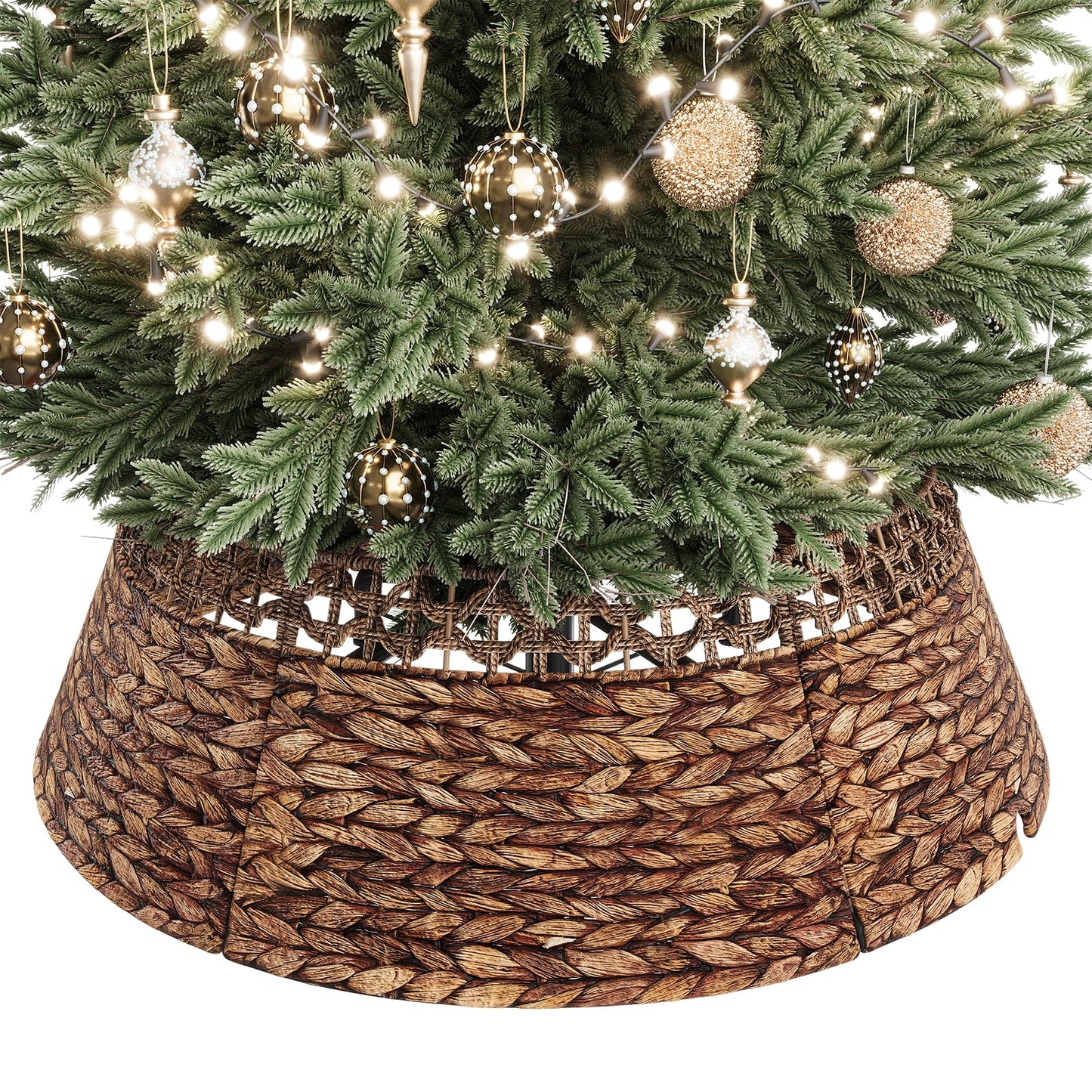 ELYKEN 33 Inch Woven Rattan Christmas Tree Collar, Stylish Seagrass & Water Hyacinth Xmas Tree Skirt for Artificial Trees, Wicker Tree Base Cover with Cord Cut-Out Farmhouse Tree Ring for Home Decor