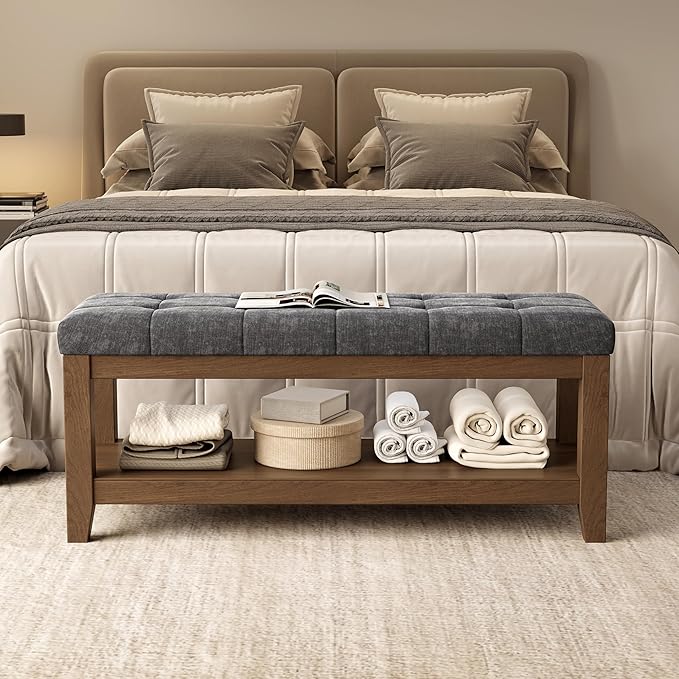 ABHENG Solid Rubber Wood Shoe Bench, Soft Chenille Material Upholstered Seat