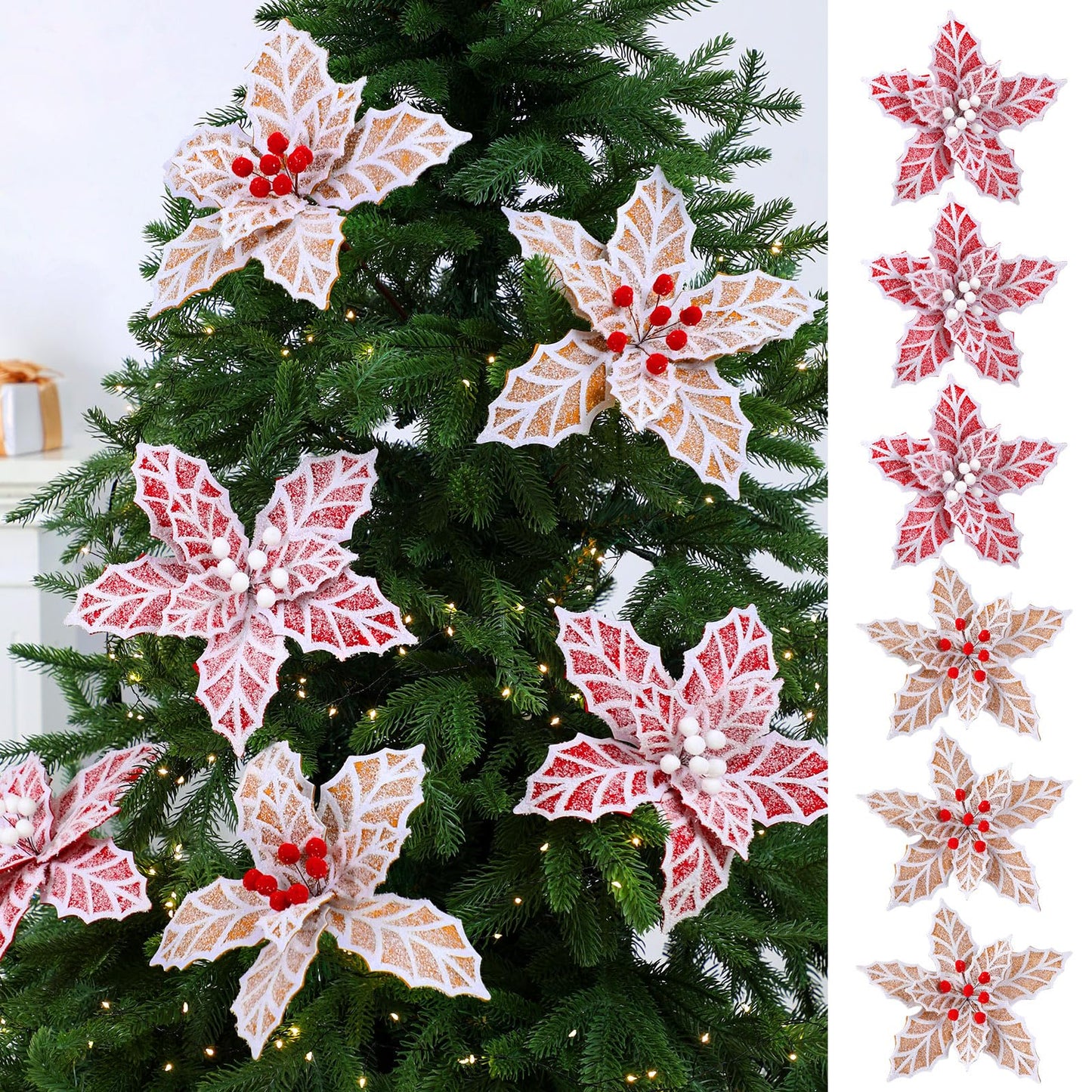 Daifunli 6 Pcs Large Christmas Gingerbread Poinsettia Flowers Tree Picks with Berries 10.6 Inches Christmas Tree Ornaments for Xmas Home Vase Decor(Gold and Red)