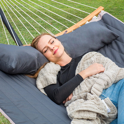 SUNCREAT Double Portable Hammock with Stand, 2 Person Hammock with Curved Spreader Bar, Balance Ropes Included, Dark Gray
