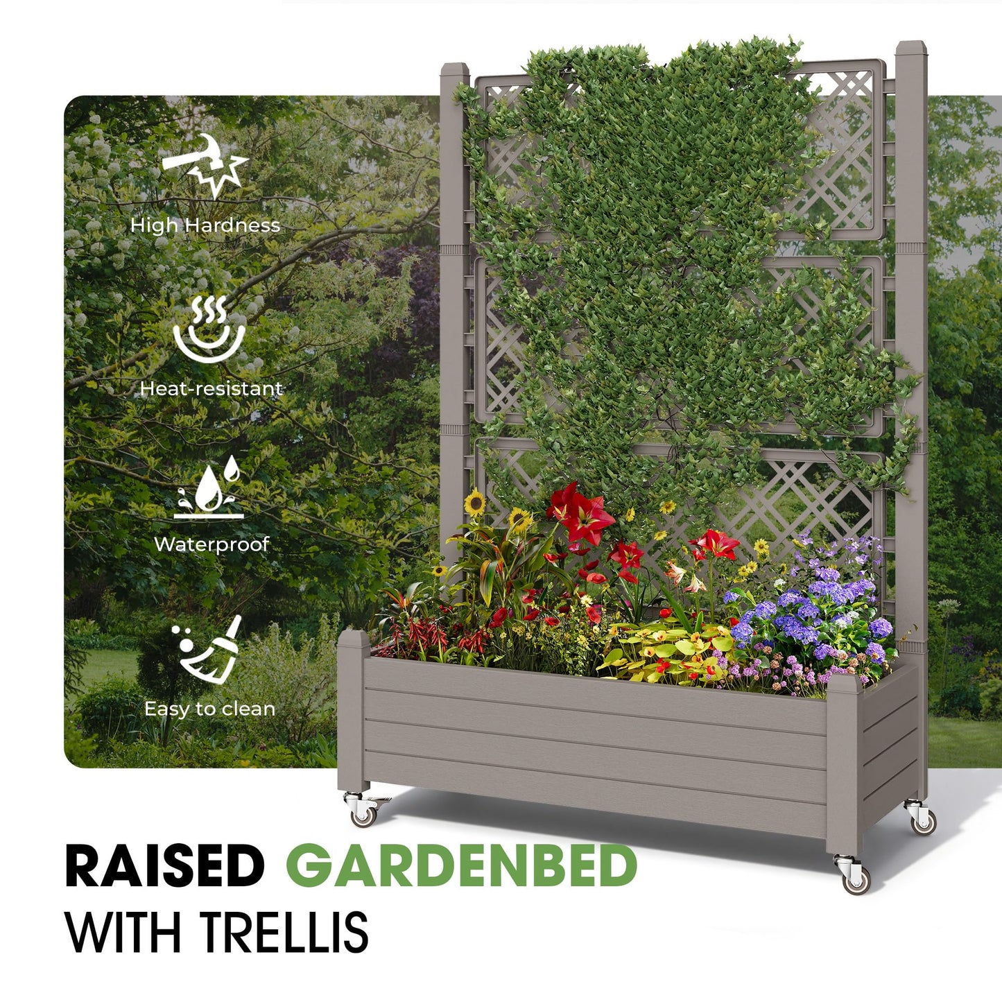 Fancyango Raised Garden Bed with Trellis and Wheels, Resin Planter Box with Trellis with Drainage Holes & Water Monitor, Privacy Planters for Patio for Climbing Plants, Gray(1 Pack)