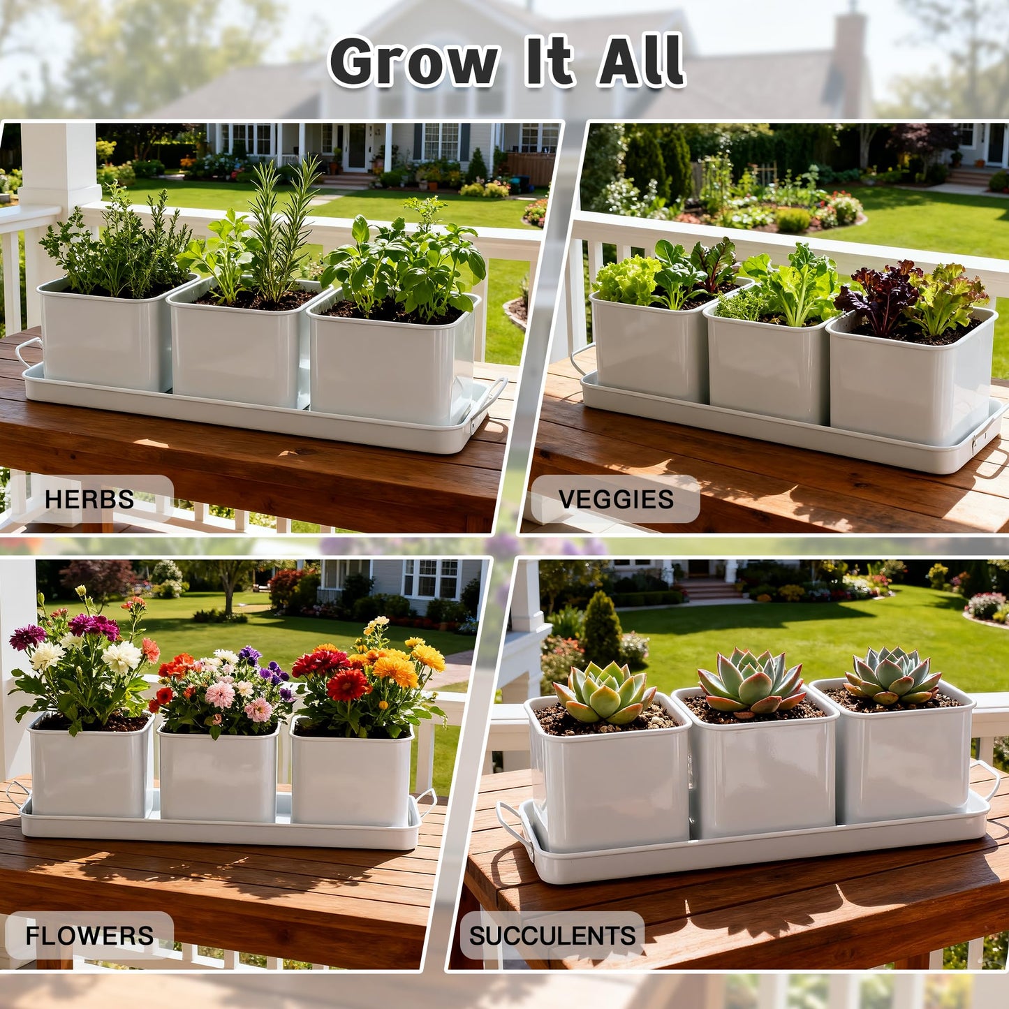 Indoor Herb Garden, Herb Planter Set with Handled Tray, 3 Iron Indoor Plant Pots with Drainage Holes, Windowsill Planter with Customizable Labels, Marker Pen, 10 Plant Labels, Window Pots, White