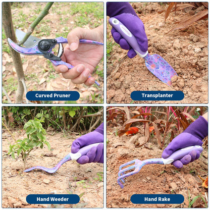 iHansee Purple Garden Tool Sets 10-Piece, Aluminum Alloy Steel Hand Tools w/Non-Slip Ergonomic Handle, Floral Print Garden Supplies Organizer Handbag, Cute Gardening Tools Gift for Women Grandmother