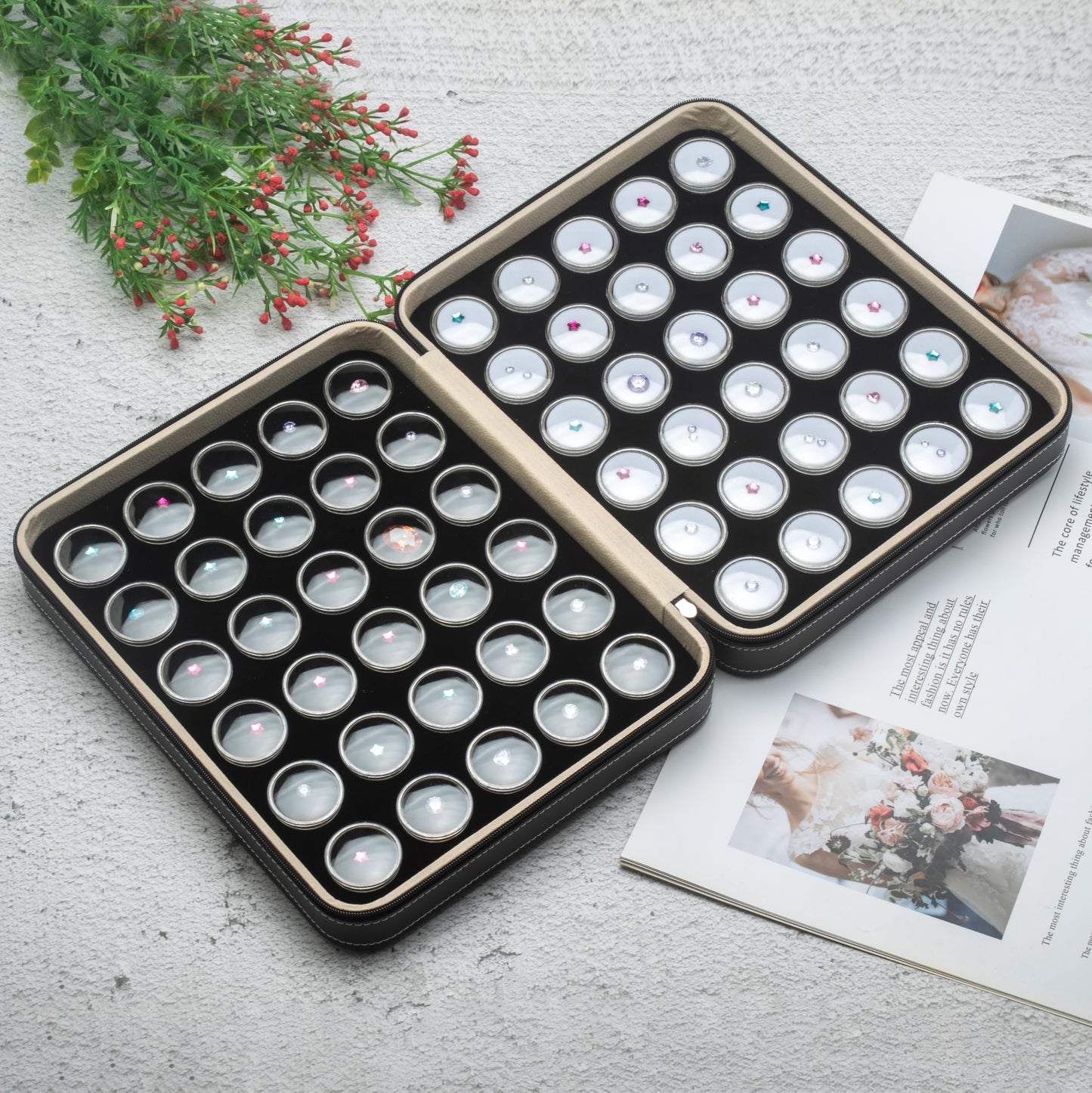 Giftop 60 PCS Gemstone Display Collection Storage Box with Clear Lid for Gems Diamond and PU Leather Black Bag Holder Container (Black-60pcs)