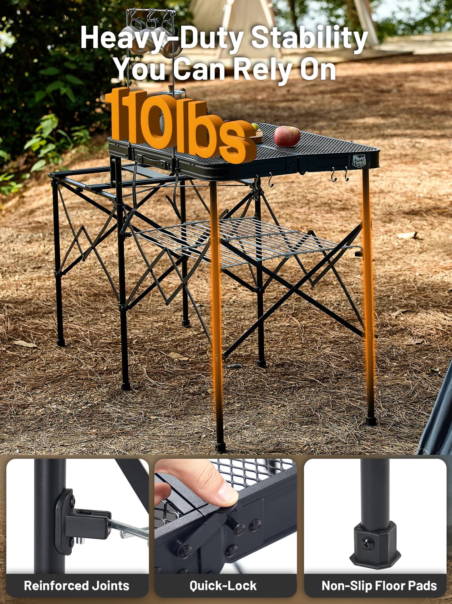TIMBER RIDGE Portable Camping Kitchen Station, Folding Outdoor Cooking Grill Table with Heat-Resistant Steel Mesh Top & Storage Shelves, Heavy Duty Picnic RV Tailgating BBQ Easy Setup, 110lbs Capacity