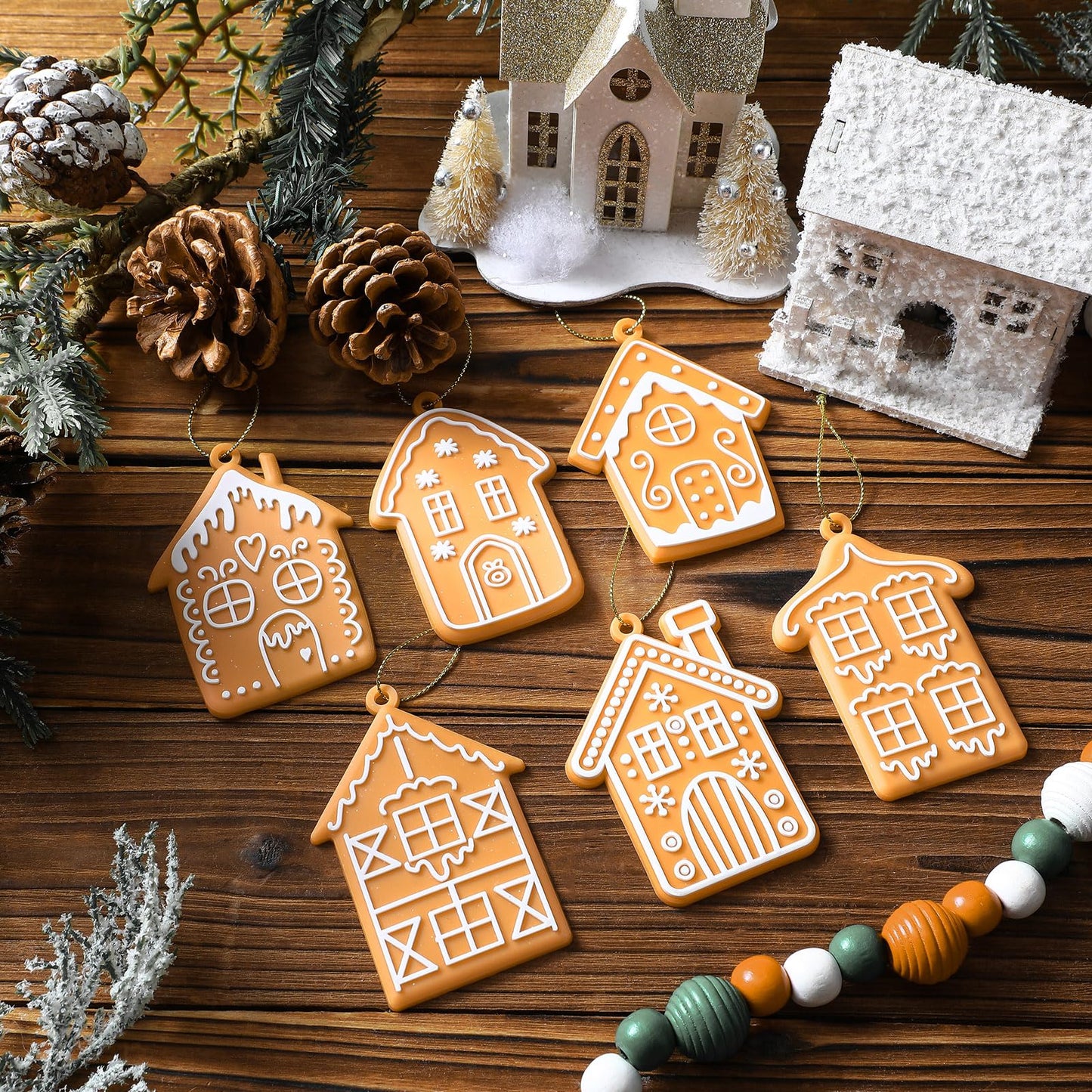 Shellwei 24 Pcs Gingerbread House Ornaments Christmas Tree Ornaments Bulk Gingerbread Christmas Tree Decorations Rustic Hanging Decor for Xmas Indoor Home