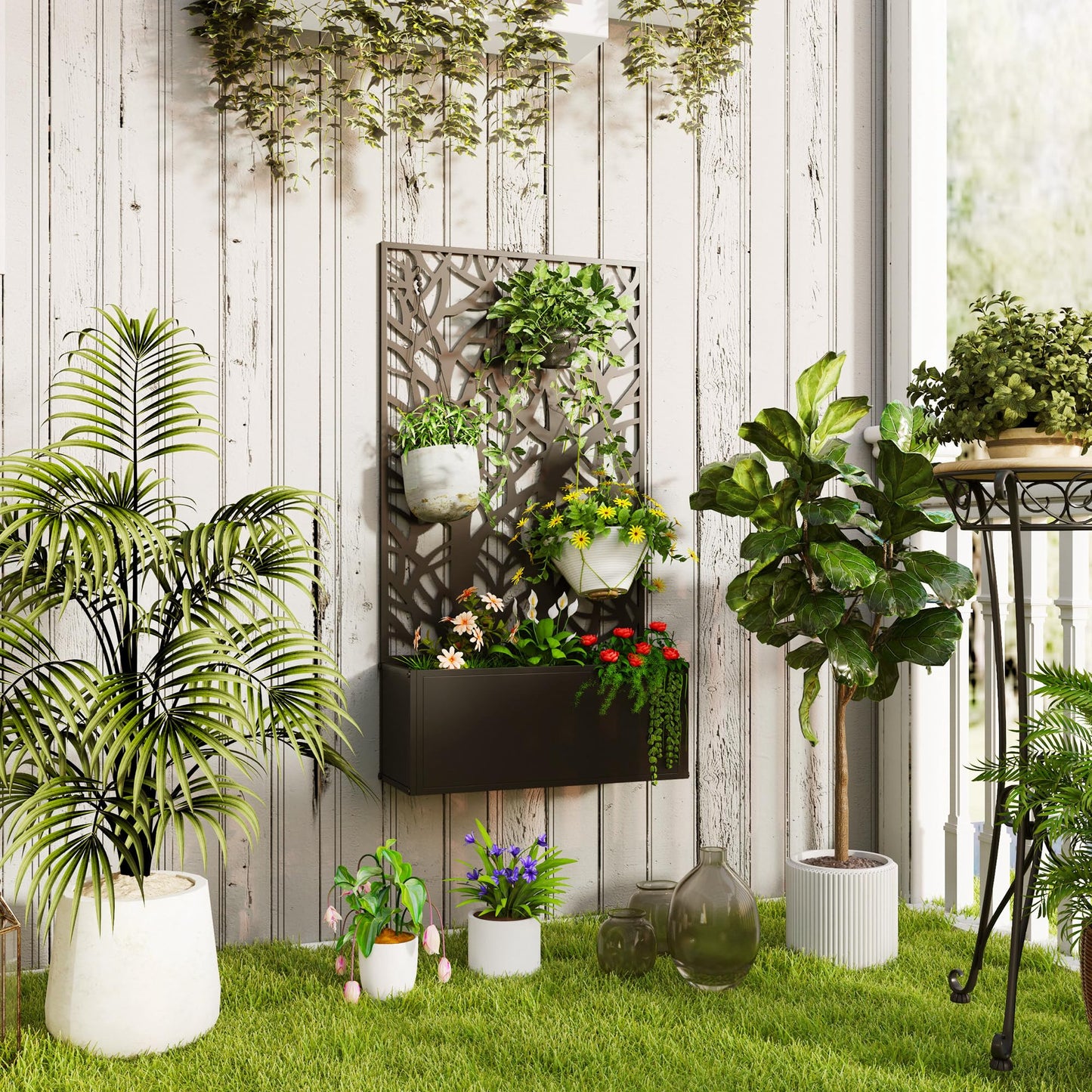 Outsunny Metal Raised Garden Bed with Trellis for Climbing Plants, Freestanding or Wall Mounted Flower Bed with Privacy Panel, Two Big Tree Cut-Outs Outdoor Planter Box for Garden, Patio, Balcony