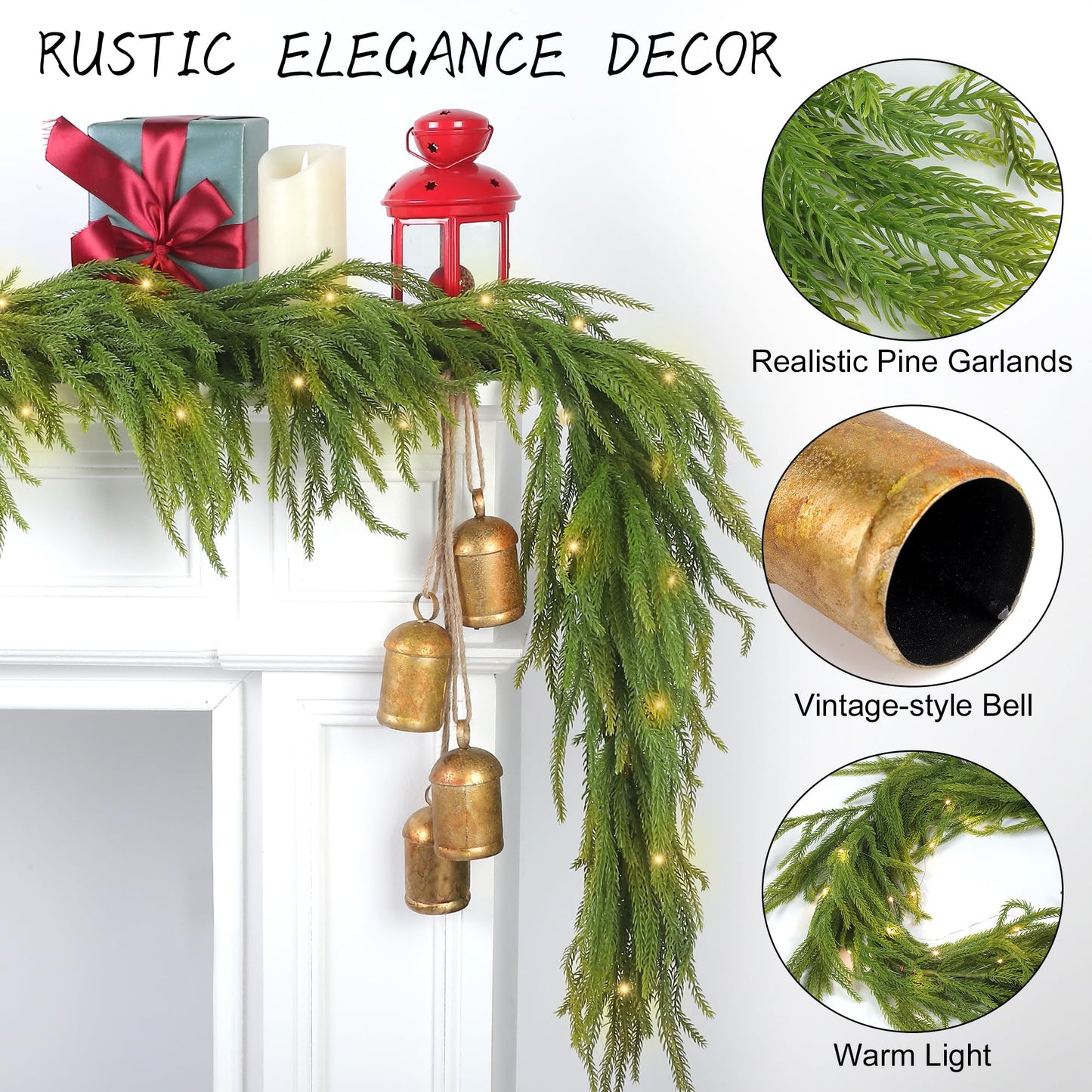 Fovths 1 Pack 9 Feet Christmas Norfolk Garlands Set Artificial Faux Greenery Garland 4 Cow Bell with Jute Hanging Rope Light String Winter Pine Garland for Xmas Indoor Holiday Decor, Green