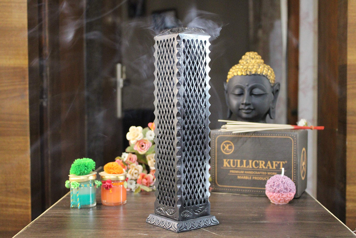 KC KULLICRAFT Handmade Marble Black Soapstone Incense Stick Burner | Candle Stick Holder | Tea Light Burner - Perfect Jaali Carving for Gifting. Decorative Home and Kitchen Decor (3 x 3 x 11 Inches).