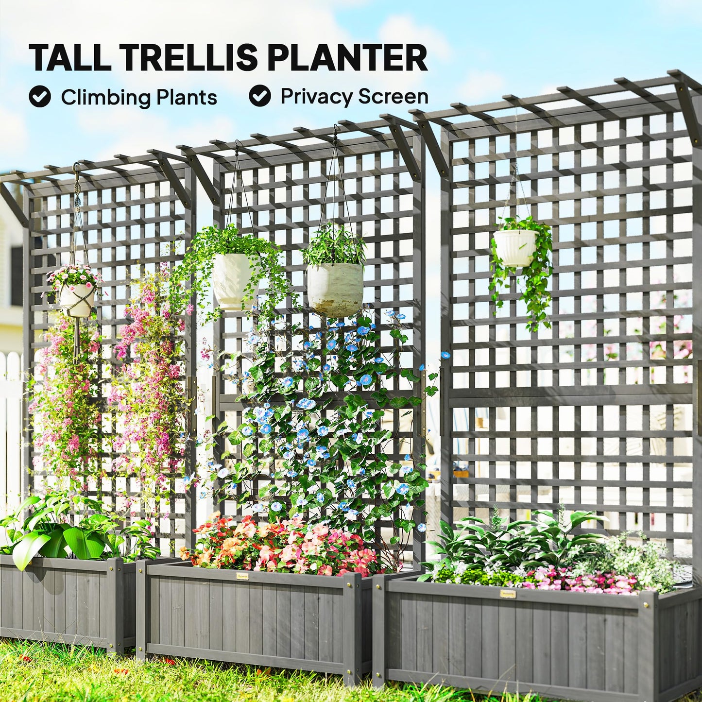 Outsunny Wood Planter with Trellis, Raised Garden Bed for Climbing Plants w/Drainage Holes and Roof, 35.5" x 17.75" x 72", Dark Gray