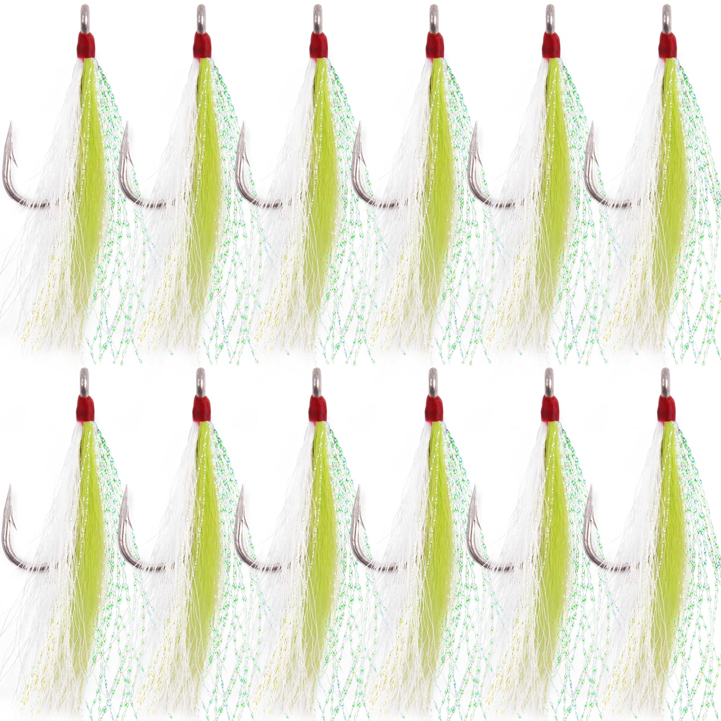 Bucktail Teasers Fishing Hooks Saltwater Flounder Rig Bucktail Mylar Teasers Inserted Stainless Steel Fishing Teaser Hooks for Striped Bass Trout Catfish Cod Flounder Hi/Lo Rig Jigs Spoons Lures