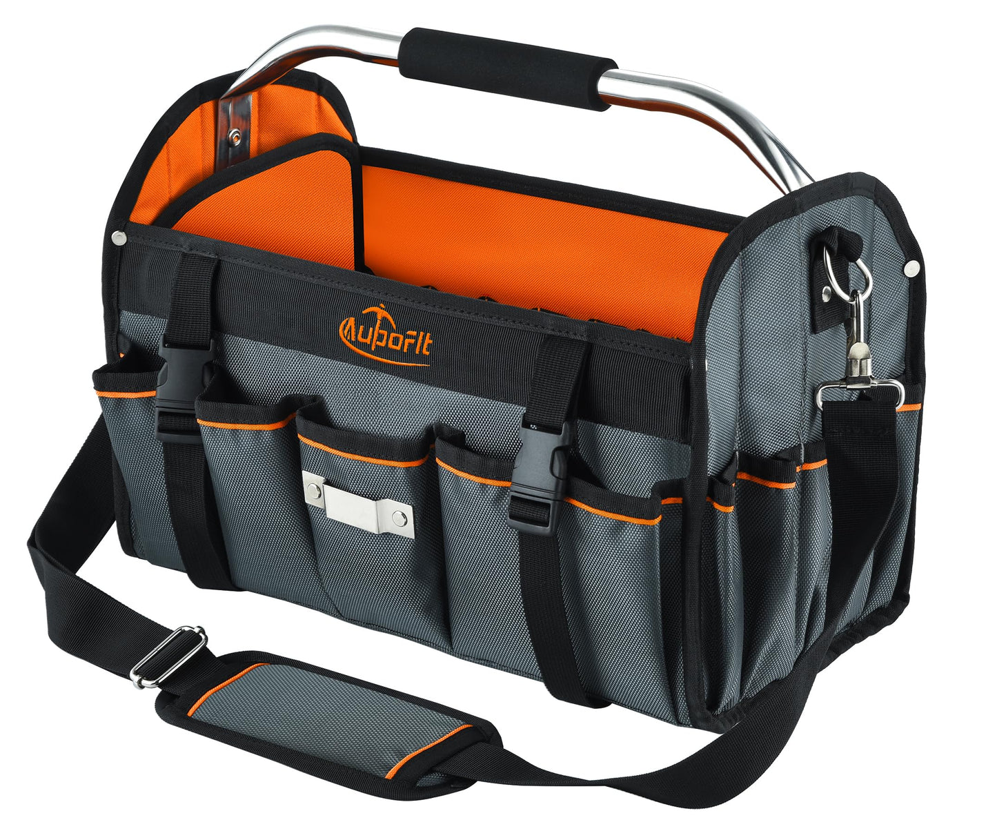 Aupofit 16 Inch Open Top Tool Bag, Pro-Grade Thick 1680D Fabric, Heavy Duty Foldabe Work Bag with Orange Interior Stainless Steel Handle & Padded Shoulder Strap, Easy Tool Access