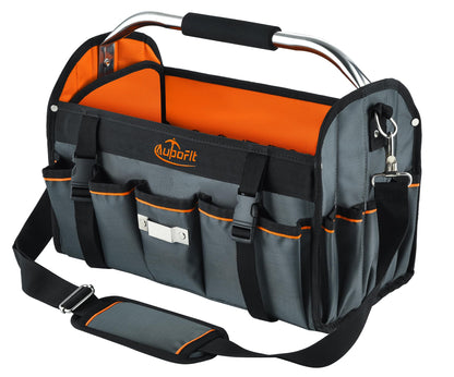 Aupofit 16 Inch Open Top Tool Bag, Pro-Grade Thick 1680D Fabric, Heavy Duty Foldabe Work Bag with Orange Interior Stainless Steel Handle & Padded Shoulder Strap, Easy Tool Access