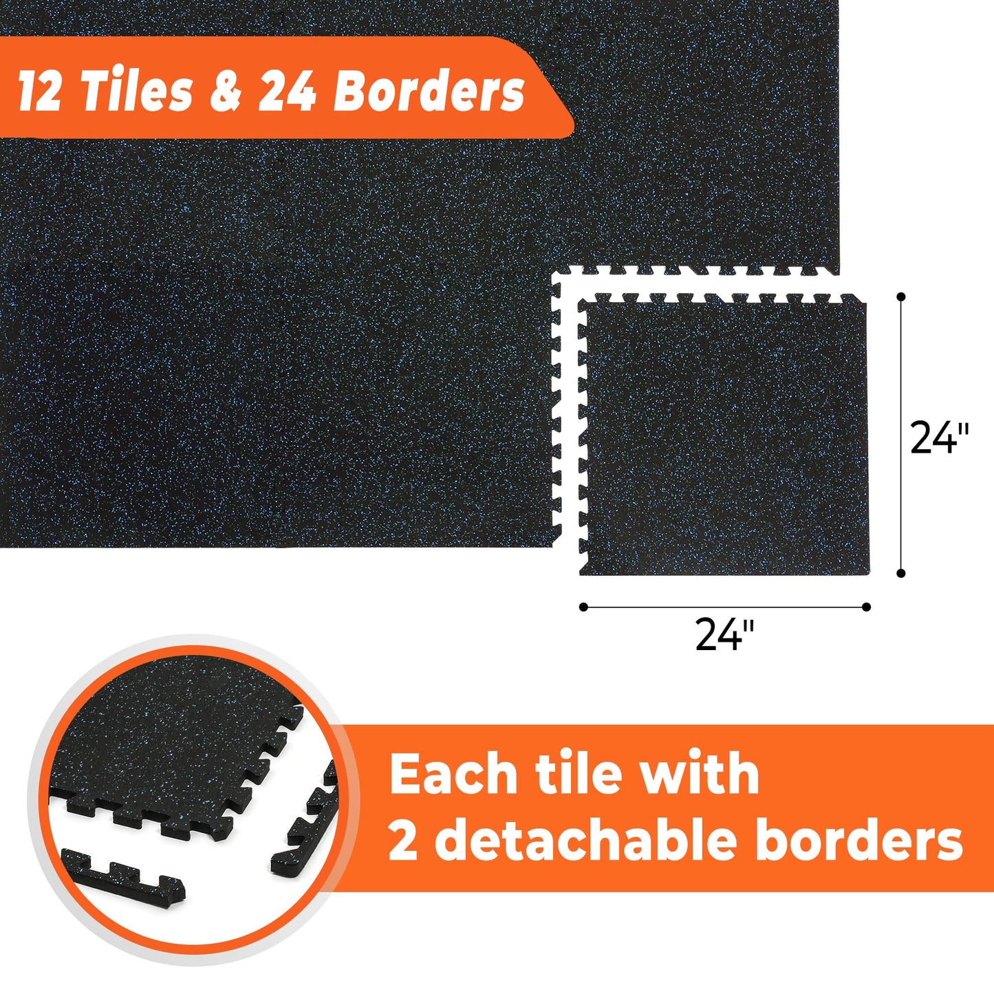 SUPERJARE 0.4'' Thick 12 Pcs 48 Sq Ft Rubber Top Exercise Equipment Mats, High Density EVA Foam Mats with Rubber Top, Interlocking Gym Flooring for Home Gym, Protective Workout Mat, Black/Blue