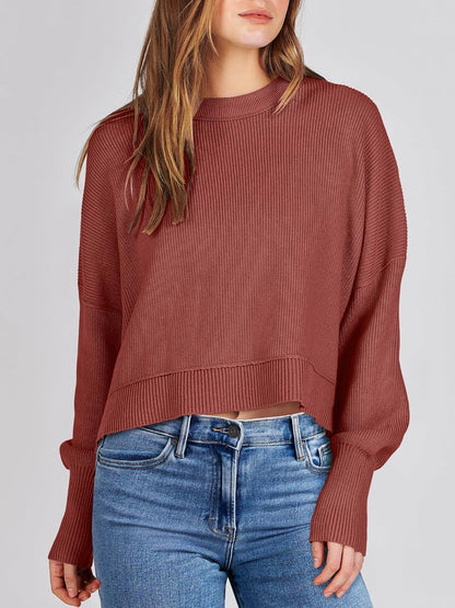 ANRABESS Womens Cropped Sweaters Oversized Crewneck Long Batwing Sleeve Side Slit Ribbed Knit Pullover Tops 2025 Fall Clothes