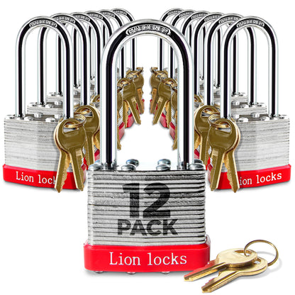 Lion Locks 12 Keyed Alike Padlocks with 2" Long Shackle, 24 Keys - Padlocks for Outdoor Use, Locks with Keys, Hardened Steel Case, Pick Resistant Brass Pin Cylinder for Hasp Latch, Locker, Gate