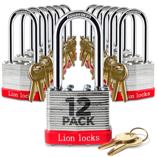 Lion Locks 12 Keyed Alike Padlocks with 2" Long Shackle, 24 Keys - Padlocks for Outdoor Use, Locks with Keys, Hardened Steel Case, Pick Resistant Brass Pin Cylinder for Hasp Latch, Locker, Gate