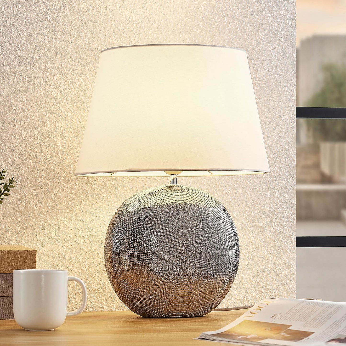 Lucande 19" Modern Ceramic Table Lamp, Silver Jar-Style Base with White Fabric Shade, Elegant Bedside Lamp for Nightstand or Living Room, E26 Base Bulb Not Included