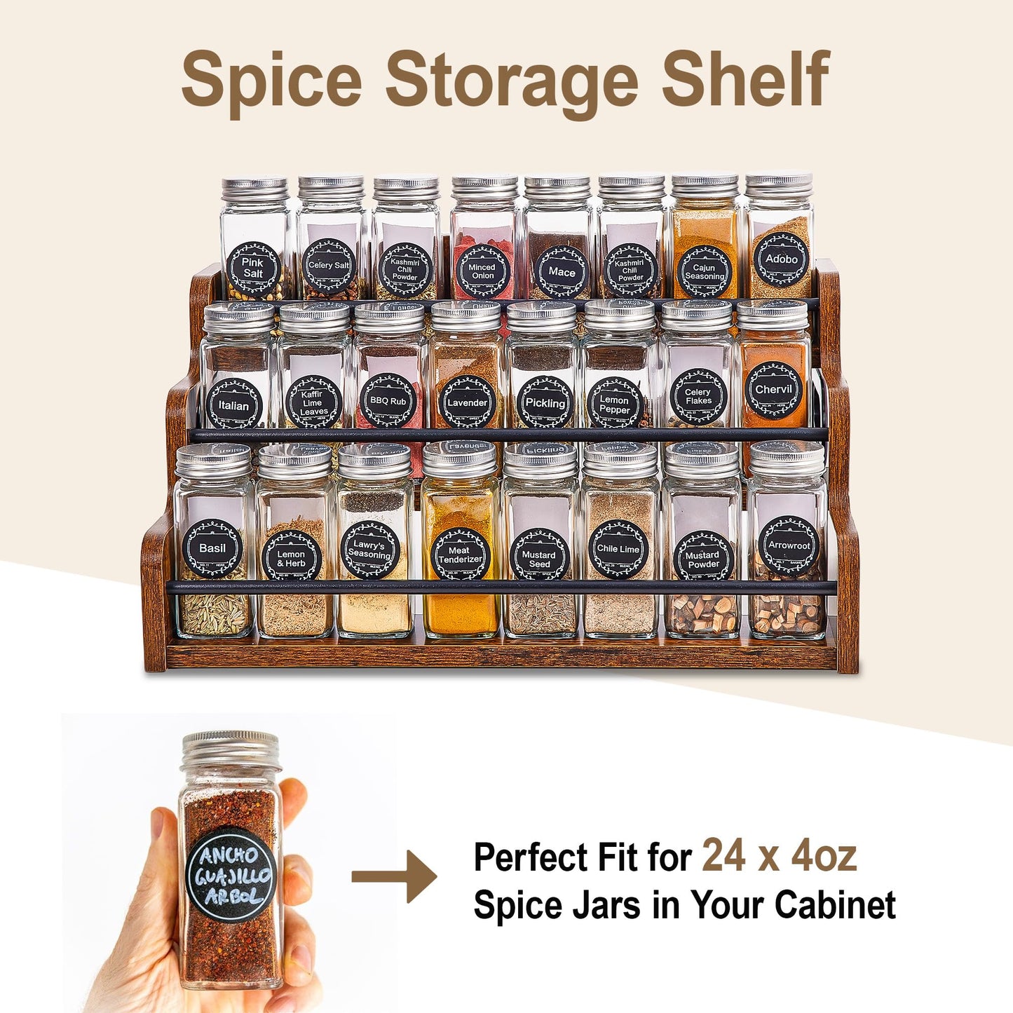 Aminigram Wood Spice Rack Organizer for Cabinet, 3 Tier Spice Shelf Storage, Kitchen Seasoning Organizer for Spice Bottles, Jars, Seasonings, Baking Supplies