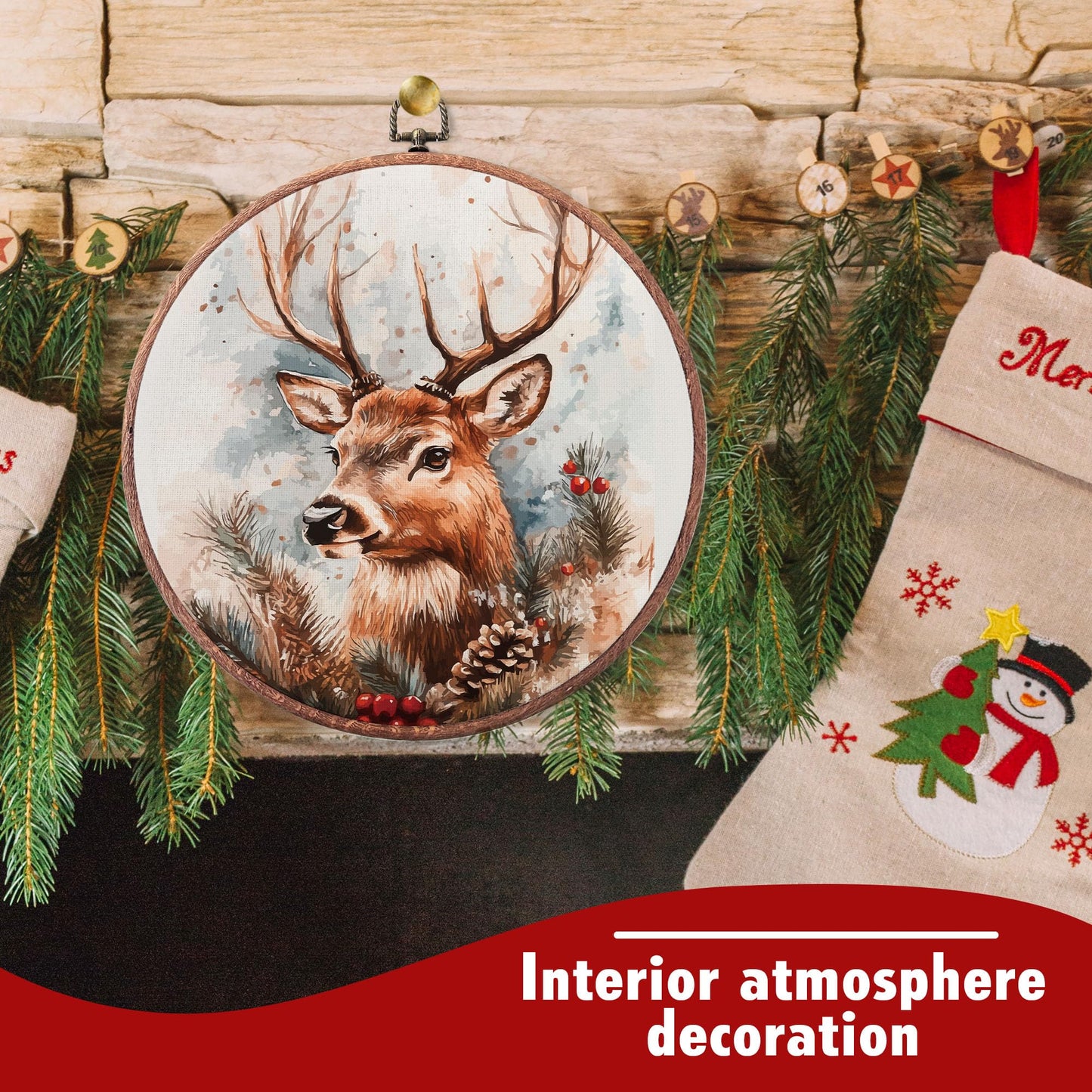 heiyihe Round Christmas Reindeer Canvas Hanging Prints, 10x10 Inches Round Christmas Canvas Frame Wall Art Decor, Embroidery Kit Decor for Home Living Room, Xmas Gift Ideas for Family Friends-A12