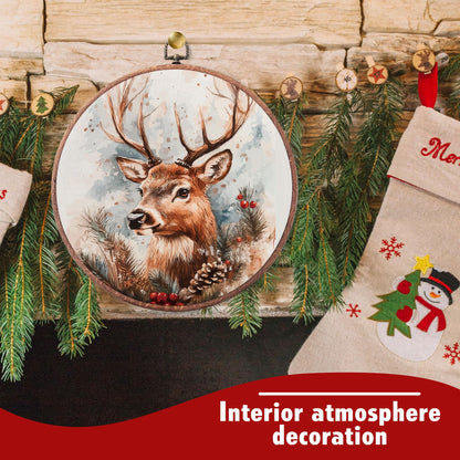 heiyihe Round Christmas Reindeer Canvas Hanging Prints, 10x10 Inches Round Christmas Canvas Frame Wall Art Decor, Embroidery Kit Decor for Home Living Room, Xmas Gift Ideas for Family Friends-A12