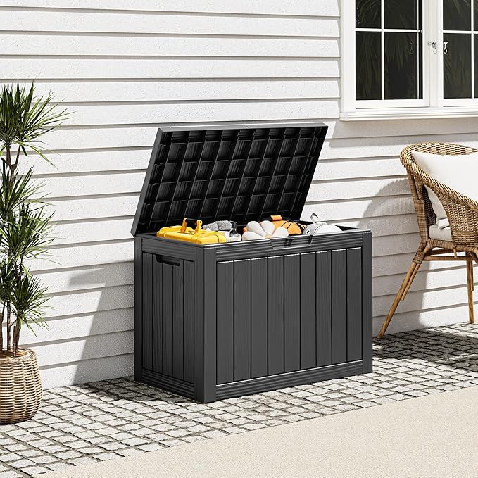 Outdoor Storage Box, Resin Deck Boxes Indoor and outdoor, Waterproof Storage Box Lockable Lid (Black, 50 Gallon)