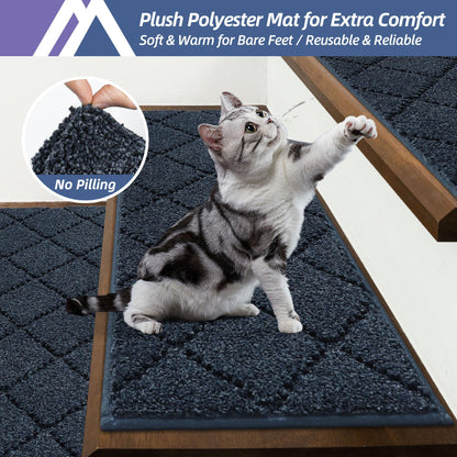 COSY HOMEER Edging Stair Treads Non-Slip Carpet Mat 28inX9in Indoor Stair Runners for Wooden Steps, Edging Stair Rugs for Kids and Dogs, 100% Polyester TPE Backing (15pc, Navy)