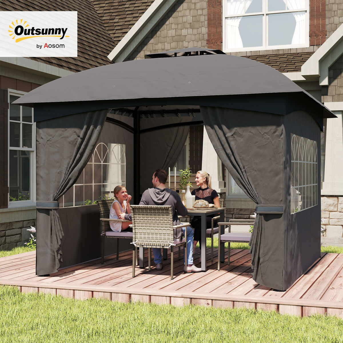 Outsunny 11' x 11' Outdoor Gazebo, Arc Patio Gazebo Canopy Shelter, UV Protected, with Curtains, Church Windows, Double Roof, Galvanized Steel Frame for Lawn, Backyard and Deck, Dark Gray
