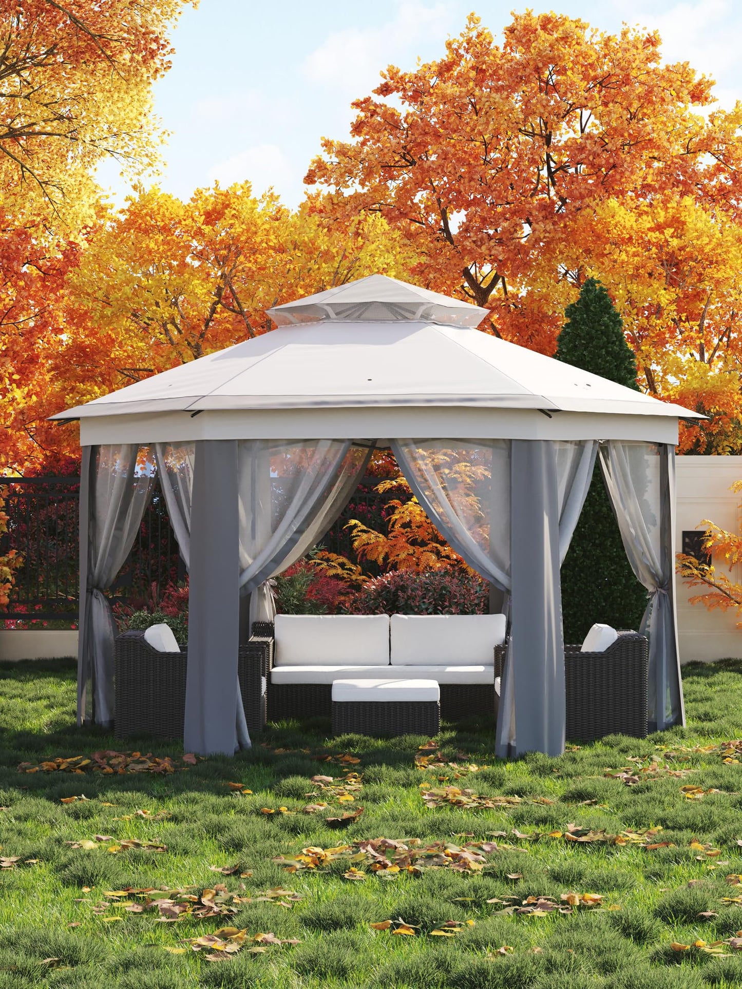 Garvee Pop Up Gazebo Screen Tent,Hexagonal Instant Gazebo Tent with Mosquito Netting Outdoor Canopy,6 Sided Sun Shelter 13x13ft with Mesh Netting,Pavilion Tents for Patio,Light Gray+Dark Gray
