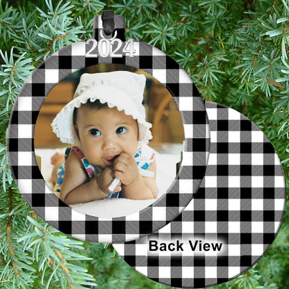 2024 Photo Ornaments for Christmas Tree, Classic Black and White Plaid Christmas Frame Ornament, Easy-Load Magnetic Design, with Satin Ribbon, Silver Charm Plus Photo Protector, Round, BW