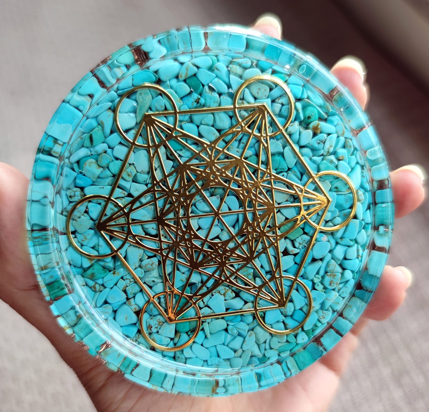 ZZYBIA LARGE 4" Turquoise Crystals Metatron's Cube Merkaba Coaster Water Charging Plate Energy Dome