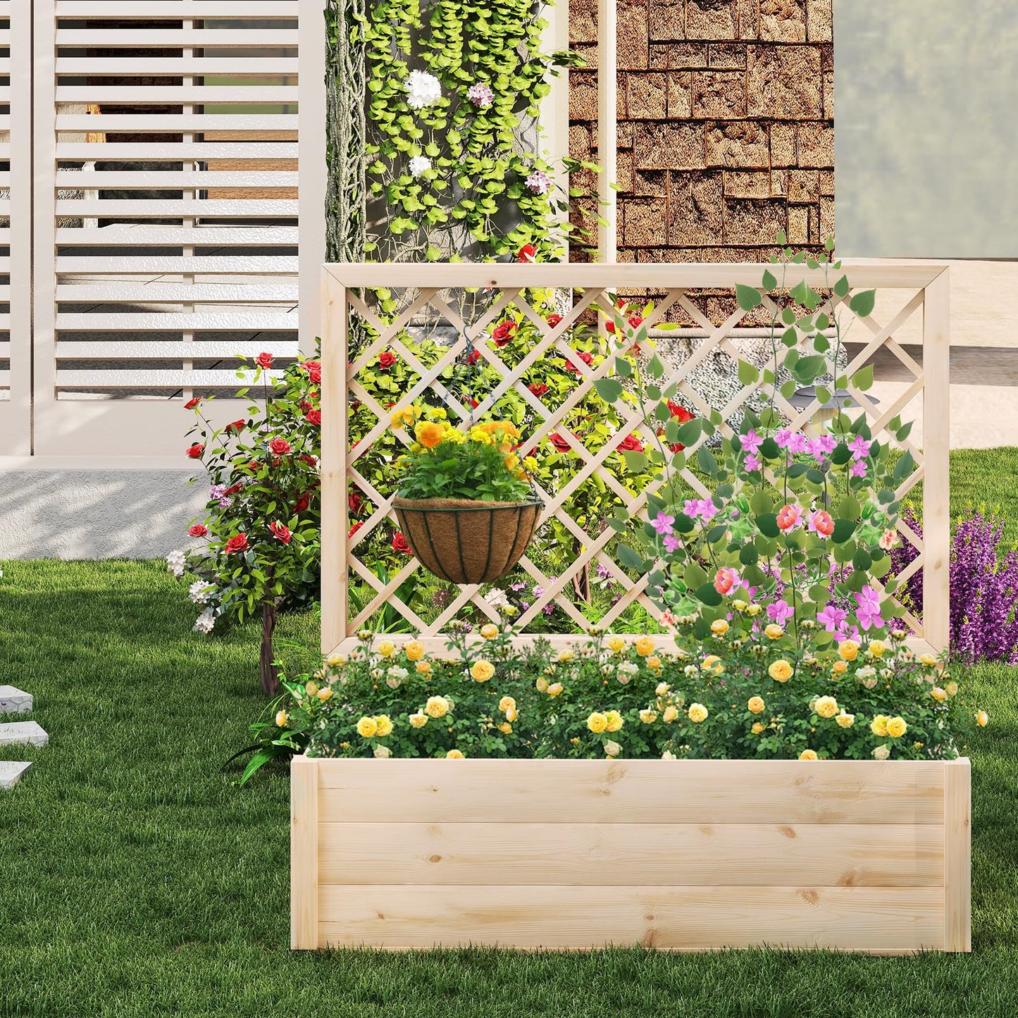 Giantex Raised Garden Bed with Trellis, Drainage Hole, Wood Elevated Planter Box for Climbing Vine Flower Herb Vegetable Fruit, Planting Container for Indoor Outdoor Patio Balcony (39”x14”x40”)