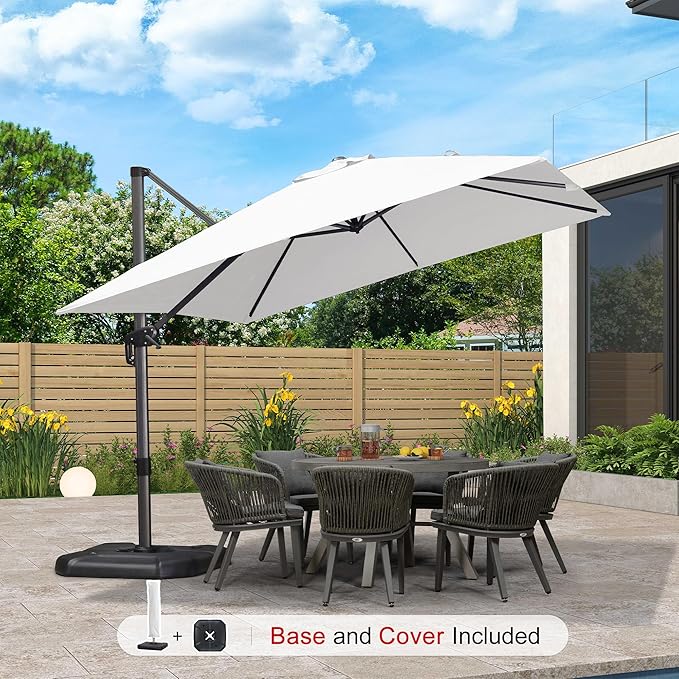 PURPLE LEAF 10'×10' Patio Umbrella with Base and Cover Outdoor Large Offset Cantilever Umbrella Heavy Duty Sun Umbrella for Garden Deck Pool Patio White