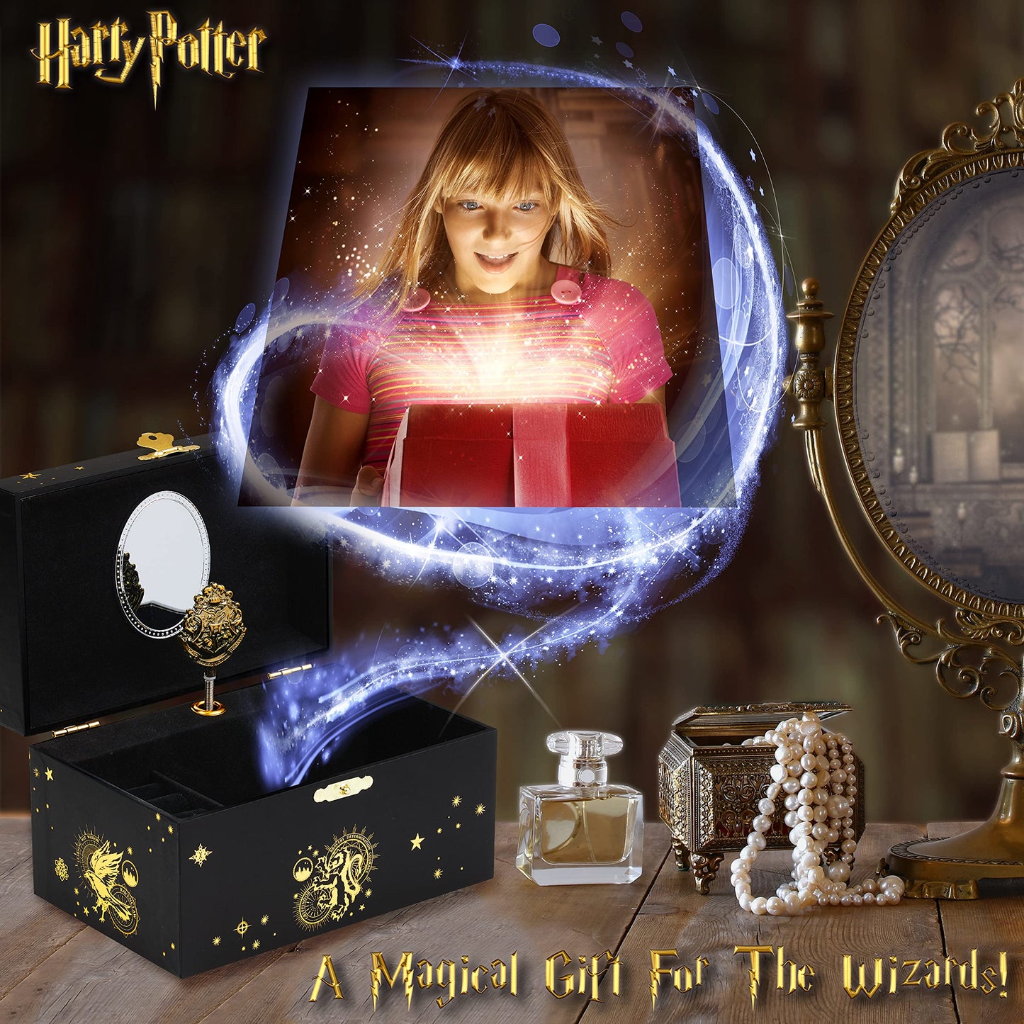 Harry Potter Jewelry Box, Musical Box Storage with Spinning Hogwarts Crest