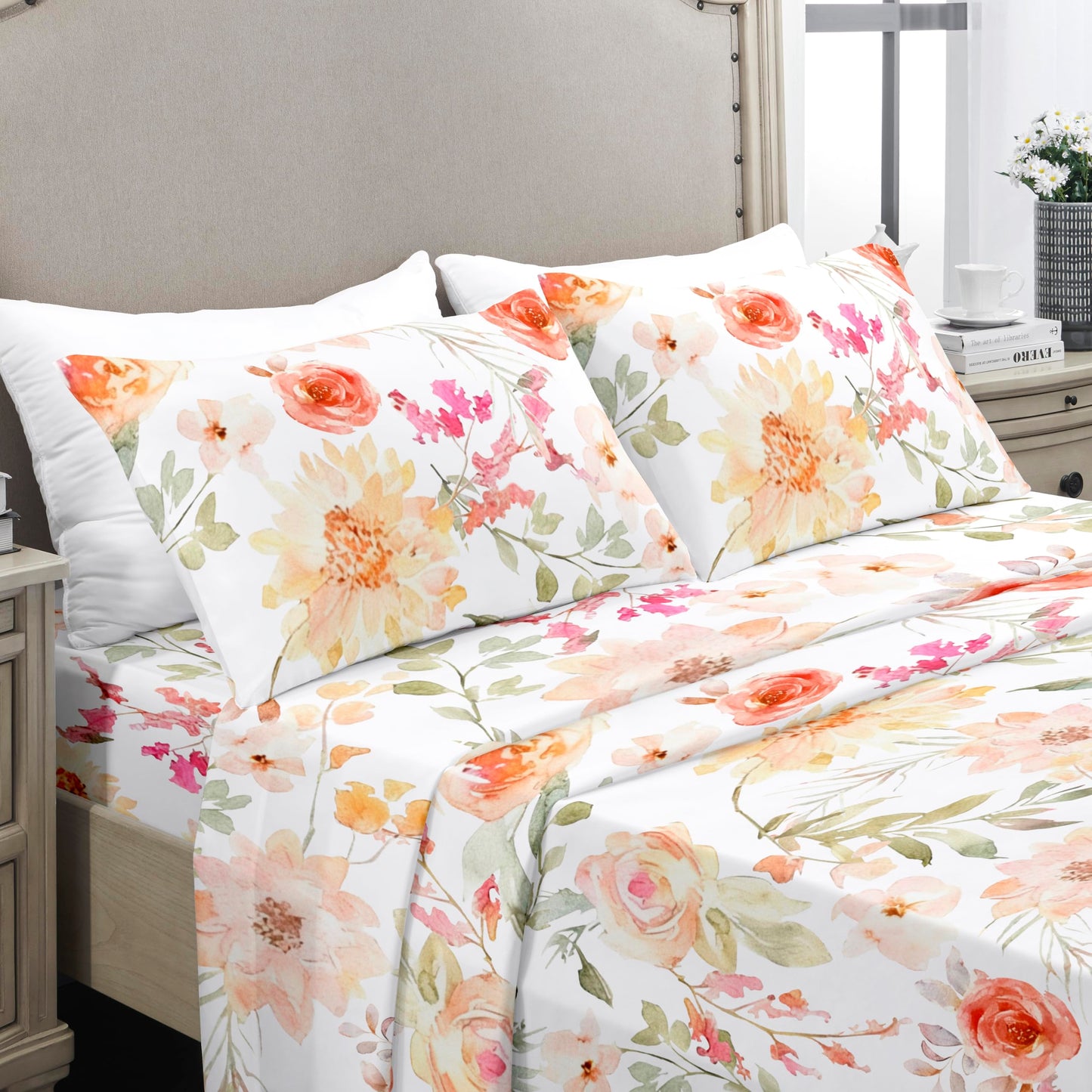 YIYEA Floral Sheets King Size, Premium Double Brushed Microfiber Bed Sheet Set for All Season, Soft Breathable, 16" Deep Pocket, Shrinkage and Fade Resistant, 4PC, King