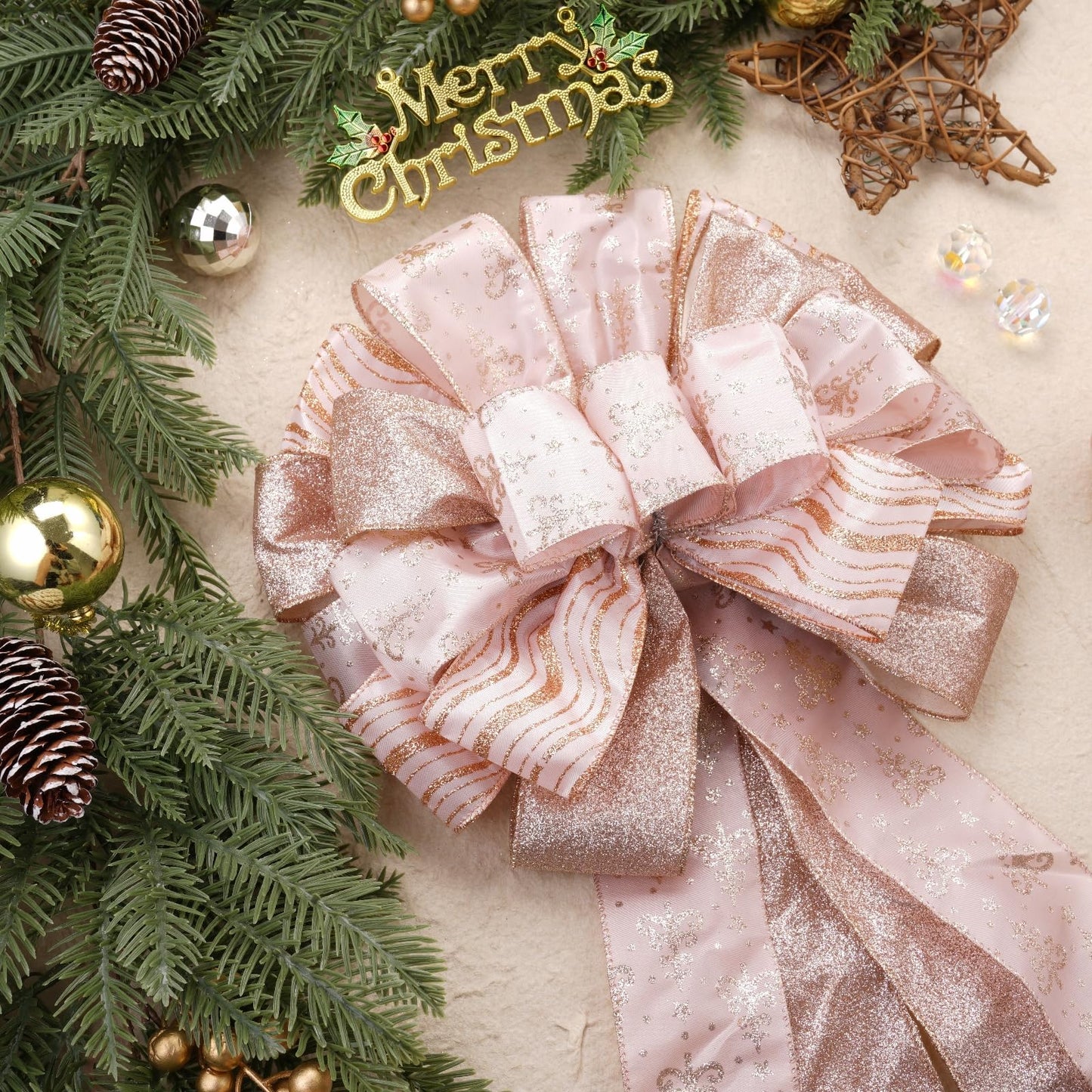 Christmas Tree Topper, 32x12 inch Large Toppers Single Sided Bow with Glitter Satin Mesh Streamer, Rose Gold Christmas Tree Topper for Christmas Home Decoration (Rose Gold)