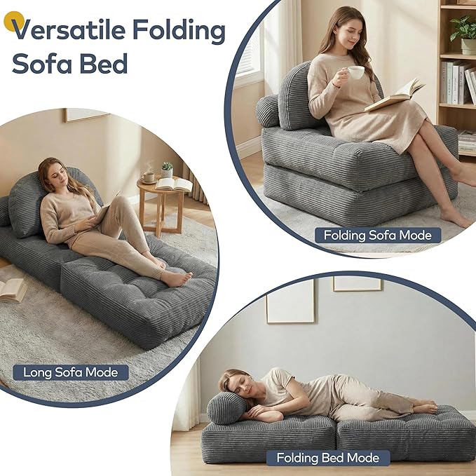 Convertible Corduroy Floor Sofa, 3-in-1 Folding Lazy Sofa Bed