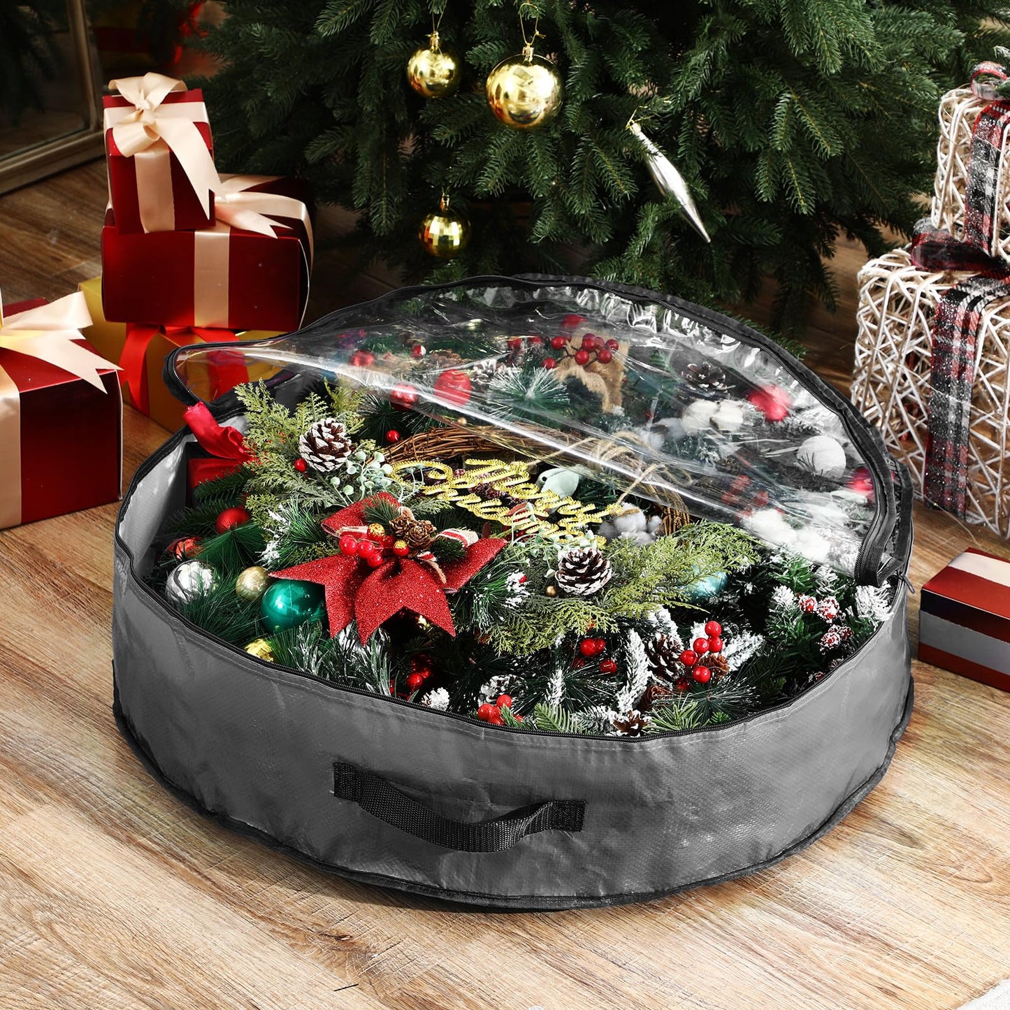 Aliceset 4 Pack Wreath Storage Containers, Ornament Garland Wreath Storage Bags with Handle Zipper Decorative Storages Box for Christmas in July Wreaths(24 x 24 x 7.8 Inch,Gray)