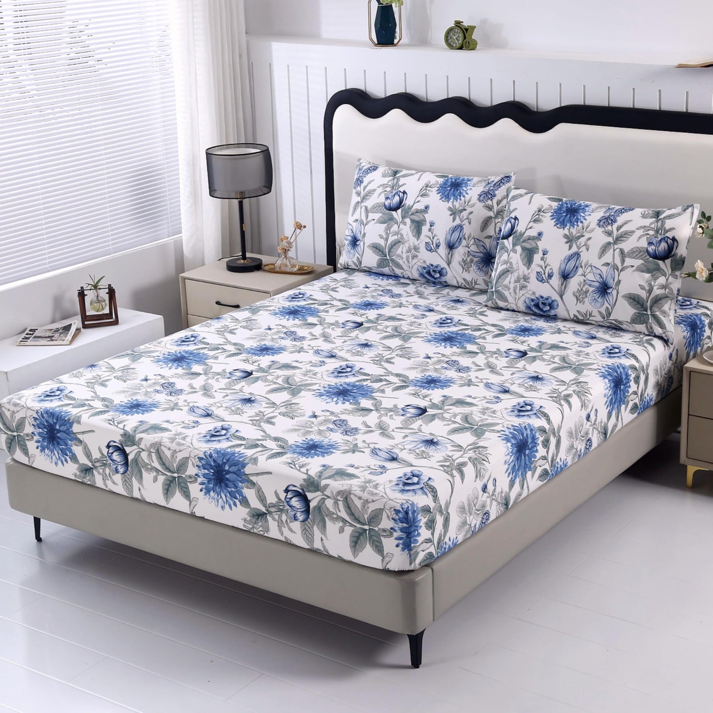 SDIII Blue Floral Twin Fitted Sheet with 2 Pillowcases, Deep Pocket Soft Microfiber Twin Bed Sheet Floral Blue All Season