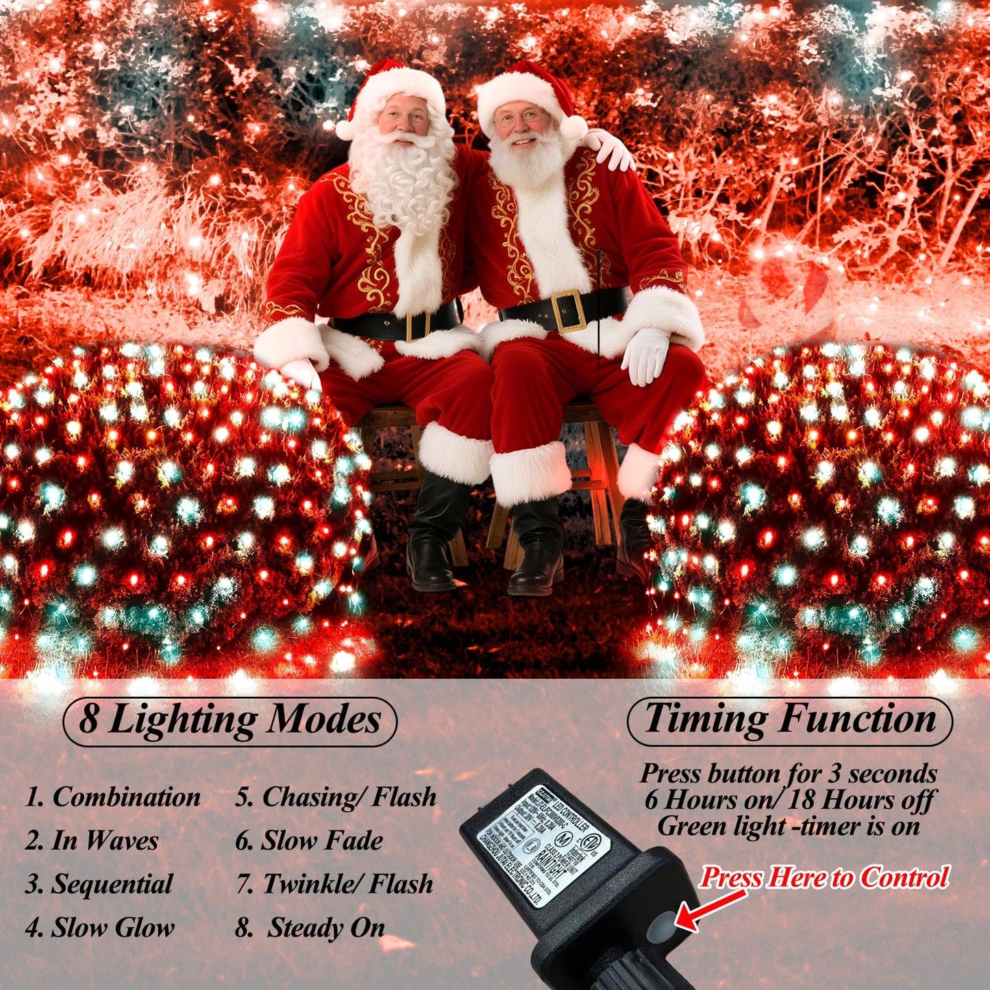 Lovelite Christmas Net Lights Red & White, 14.8ft x 5ft 300LED Mesh Lights Outdoor Green Wire 8 Modes Timer, Waterproof Connectable String Lights for Bushes Xmas Tree Garden Holiday Party Decor